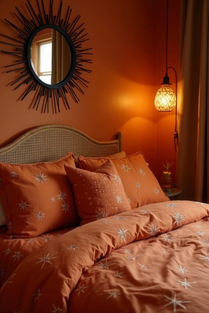 Cozy Burnt Orange Boho Bedroom Design Guide 27 Star-patterned burnt orange bedding and wicker headboard with ambient pendant light, ideal for burnt orange bedroom color combinations