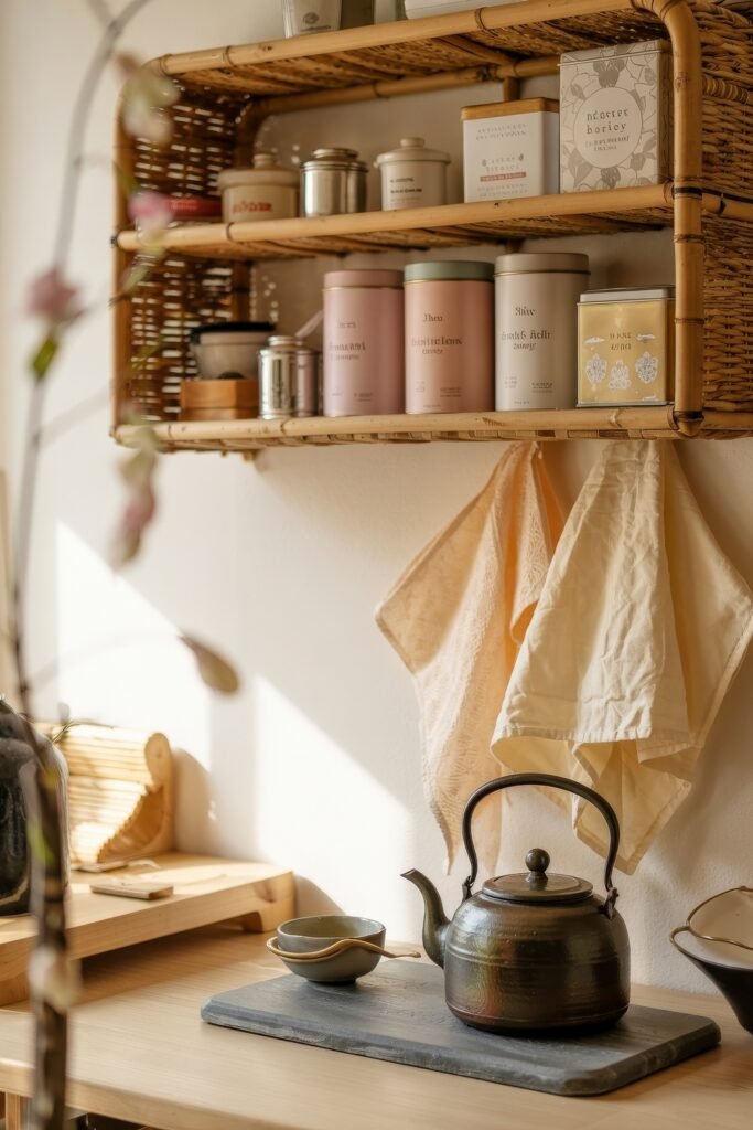 Japanese Breakfast Nook Ideas: Tea Ceremony Style for Tiny Kitchens 30 Bright Japanese Kitchen with a bamboo shelf of tea tins, cups, and a teapot on a wooden counter.