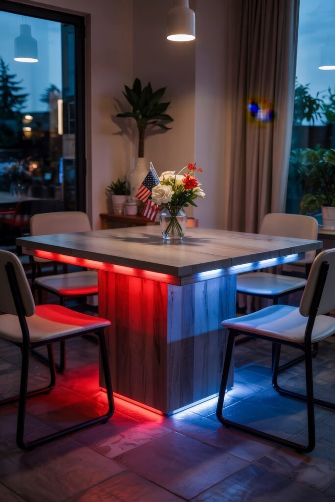 Patriotic 4th of July Table Décor & Centerpieces 36 Square wooden table glowing with patriotic red and blue lighting, topped with a flower arrangement and small American flags for festive 4th of July table décor.
