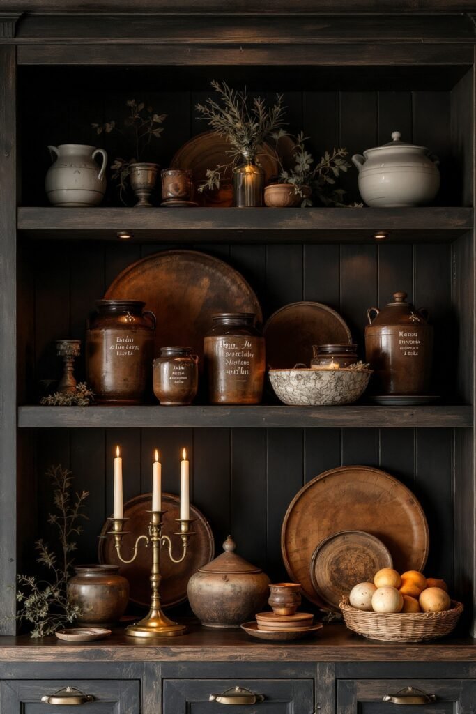 DIY Dark Academia Kitchen Decor: Affordable Tips & Tricks to Transform Your Space 31 Vintage crocks, plates, and brass candelabra on black paneled shelves create a rich, storied DIY Dark Academia Kitchen vibe.