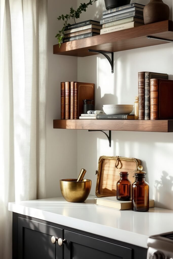 Dark Academia Kitchen Cabinets: Shades & Hardware for a Vintage Aesthetic 22 Open shelves with vintage books and amber bottles above a white counter create a soft, light-filled Dark Academia Kitchen.