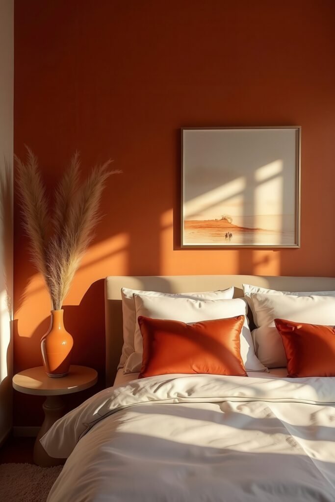 Burnt Orange Bedroom Color Combinations: The Best Shades to Pair for a Stylish Retreat 28 Sunlit bedroom with burnt orange bedroom color combinations, pampas grass, and rust-toned accent pillows.