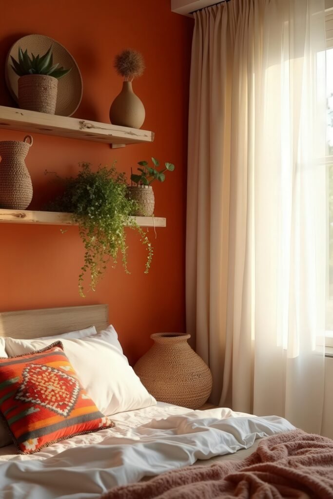 Cozy Burnt Orange Boho Bedroom Design Guide 28 Sunlit corner with woven baskets, hanging greenery, and a tribal accent pillow in a warm burnt orange bedroom