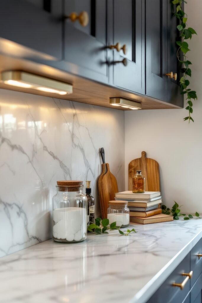 Dark Academia Kitchen Cabinets: Shades & Hardware for a Vintage Aesthetic 23 Marble backsplash and under-cabinet lights highlight cutting boards, glass jars, and stacked books in a cozy kitchen.
