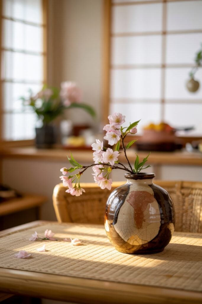 Japanese Breakfast Nook Ideas: Tea Ceremony Style for Tiny Kitchens 31 Cherry blossoms in a rustic vase on a sunlit table in a serene Japanese Kitchen setting.