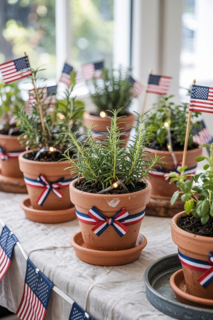 Patriotic 4th of July Table Décor & Centerpieces 37 Terra cotta herb planters decorated with patriotic ribbon bows and mini American flags, arranged on a table for a charming 4th of July table décor centerpiece.