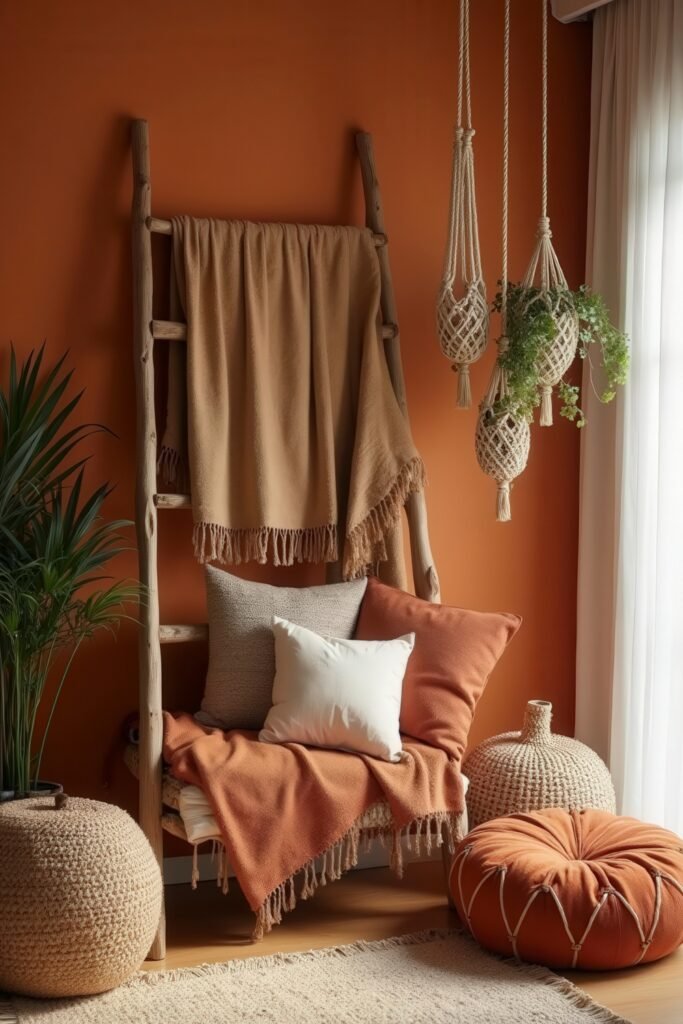 Cozy Burnt Orange Boho Bedroom Design Guide 29 Cozy reading nook with a throw blanket ladder, floor cushions, and hanging macramé planters against burnt orange walls
