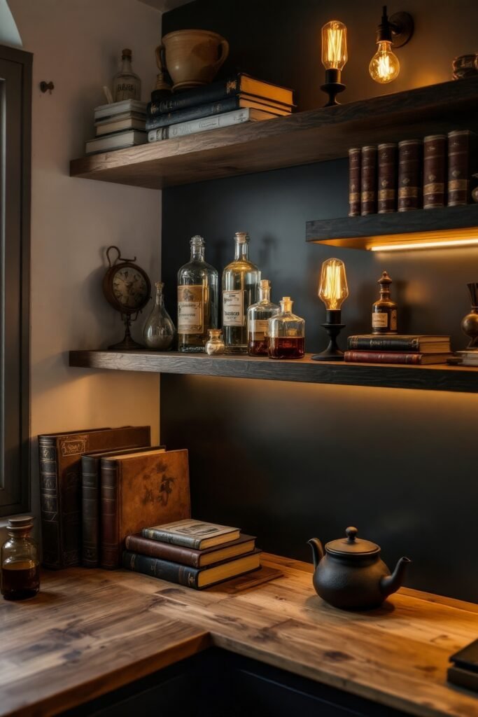 Dark Academia Kitchen Cabinets: Shades & Hardware for a Vintage Aesthetic 24 Shelves with antique bottles, books, and warm lighting over a rustic wood counter in a moody Dark Academia Kitchen.