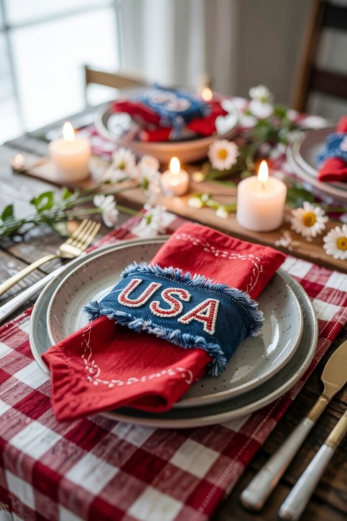 Patriotic 4th of July Table Décor & Centerpieces 4 Close-up of a festive plate with a red napkin and denim USA patch, styled on a red checkered tablecloth with white candles and daisies.