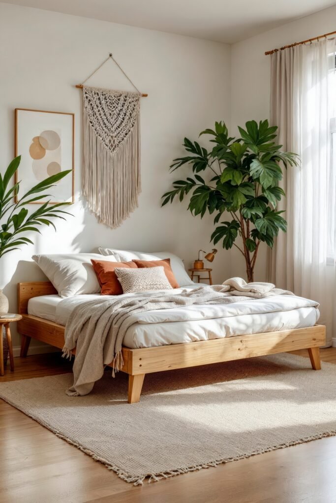 Essential Boho Bedroom Furniture: Rattan, Wood, and Vintage Finds 4 Minimalist setup with macrame wall hanging, leafy plant, and wooden bed frame as boho bedroom furniture