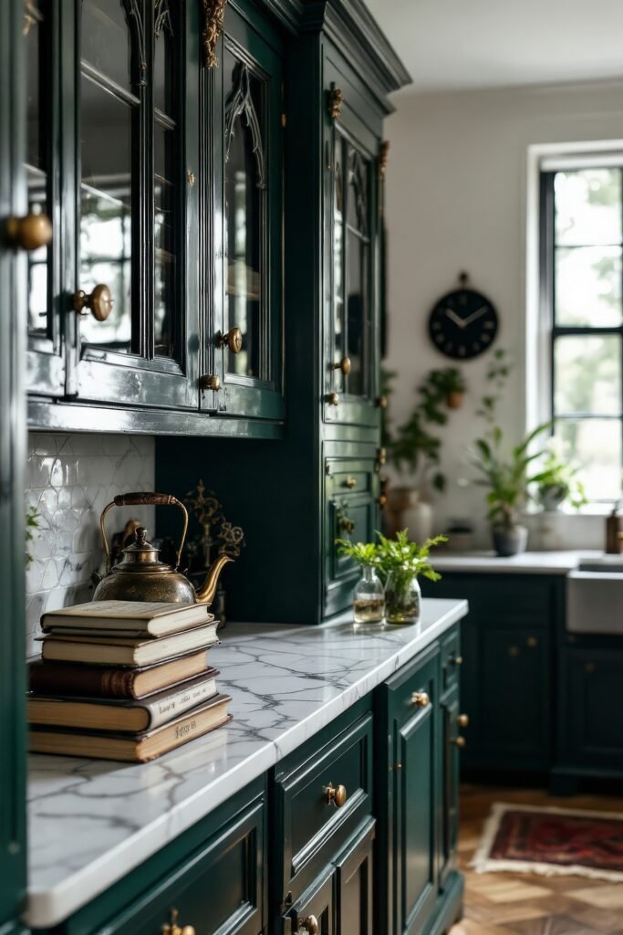 Dark Academia Kitchen Cabinets: Shades & Hardware for a Vintage Aesthetic 5 Dark Academia Kitchen with marble countertops, dark green cabinets, antique kettle, books, and leafy plants throughout.