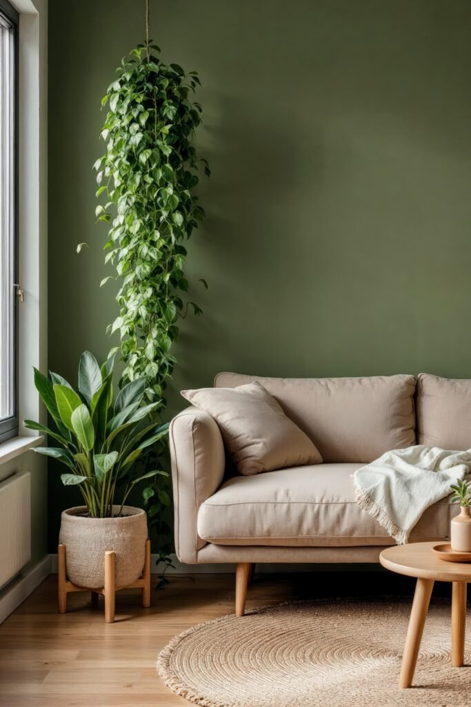Beige and Green Living Room: Color Pairing Tips & Inspiration 3 Cozy beige and green living room with a hanging plant, light sofa, and round woven rug.