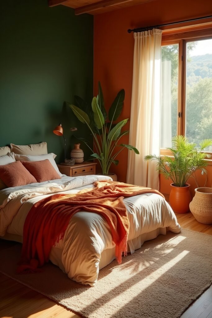 Cozy Burnt Orange Boho Bedroom Design Guide 3 Sunlit burnt orange boho bedroom with deep green accent wall, lush plants, and soft layered bedding