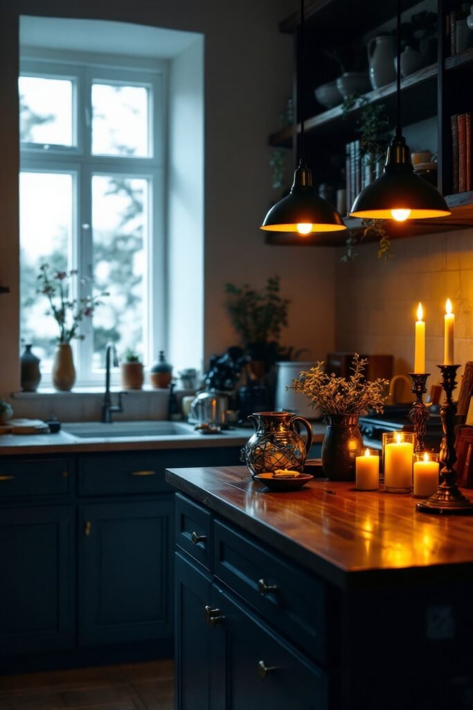 DIY Dark Academia Kitchen Decor: Affordable Tips & Tricks to Transform Your Space 3 A cozy kitchen scene with dark cabinets, candlelight, and moody lighting for a vintage-inspired Dark Academia Kitchen.