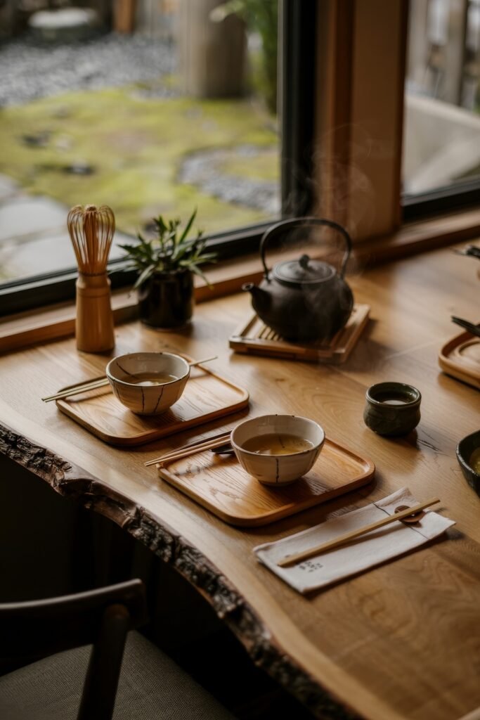 Japanese Breakfast Nook Ideas: Tea Ceremony Style for Tiny Kitchens 4 Rustic Japanese Kitchen table by a garden window with tea, soup bowls, and bamboo whisk.