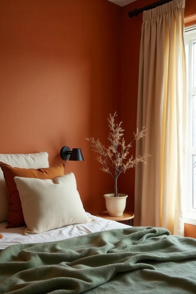Burnt Orange Bedroom Color Combinations: The Best Shades to Pair for a Stylish Retreat 3 Burnt orange bedroom color combinations with cream and sage green bedding and a potted tree beside the window.
