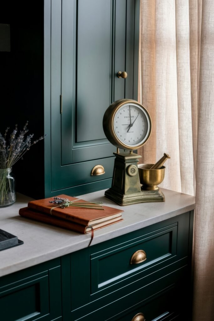Dark Academia Kitchen Cabinets: Shades & Hardware for a Vintage Aesthetic 25 Brass kitchen scale, leather journals, and green cabinets styled with vintage charm in a softly lit Dark Academia Kitchen.