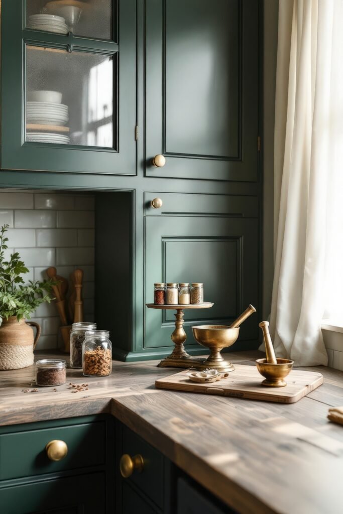 Dark Academia Kitchen Cabinets: Shades & Hardware for a Vintage Aesthetic 26 Vintage brass tools and spice jars line a rustic wood counter beneath deep green Dark Academia Kitchen Cabinets.