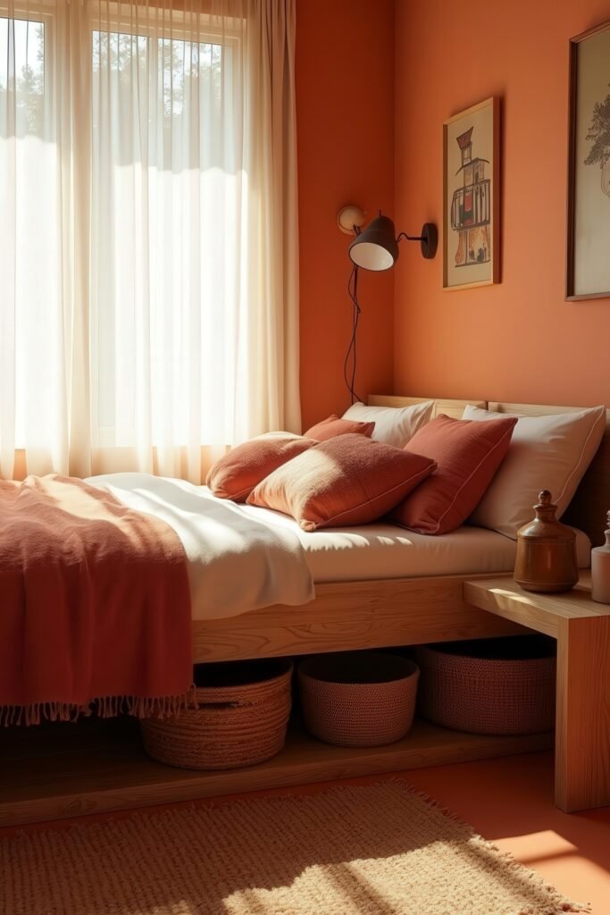 Cozy Burnt Orange Boho Bedroom Design Guide 32 Natural light over cozy bed with under-bed baskets, burnt orange walls, and curated wall art for stylish bedroom storage