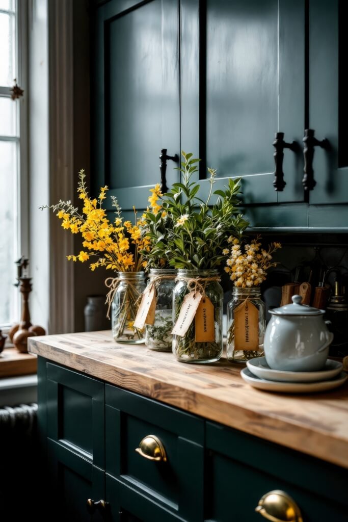 Dark Academia Kitchen Cabinets: Shades & Hardware for a Vintage Aesthetic 27 Labeled glass jars with dried herbs and flowers line a wooden countertop under dark green Dark Academia Kitchen Cabinets.