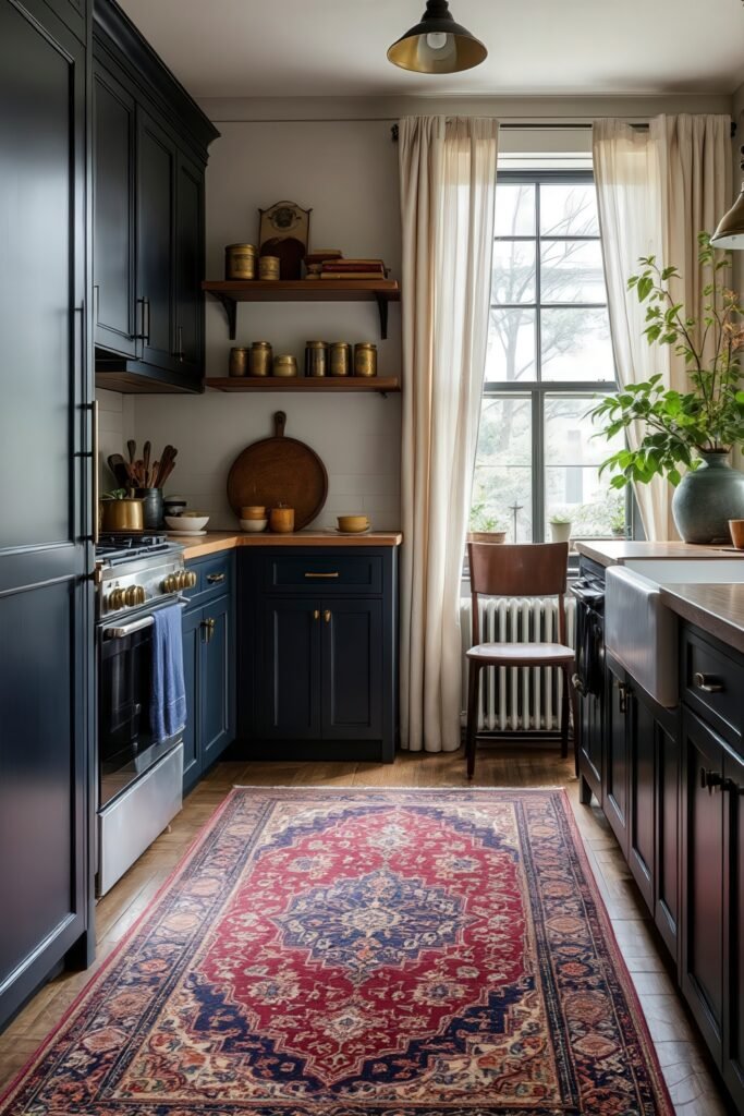 Dark Academia Kitchen Cabinets: Shades & Hardware for a Vintage Aesthetic 28 Deep navy cabinetry and a red oriental rug define a moody, bookish kitchen bathed in soft natural light—classic Dark Academia charm.