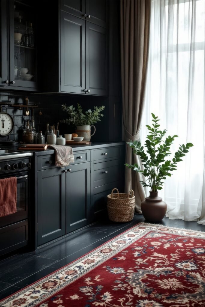 Dark Academia Kitchen Cabinets: Shades & Hardware for a Vintage Aesthetic 29 A moody kitchen in charcoal tones with a richly patterned rug, vintage scale, and soft daylight filtering through sheer curtains.