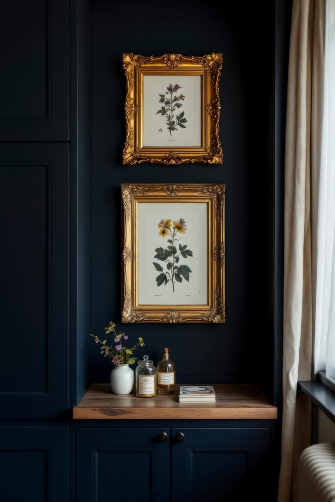 Dark Academia Kitchen Cabinets: Shades & Hardware for a Vintage Aesthetic 30 Two ornate gold frames with botanical prints hang over a wood counter with apothecary bottles—sophisticated and scholarly ambiance.