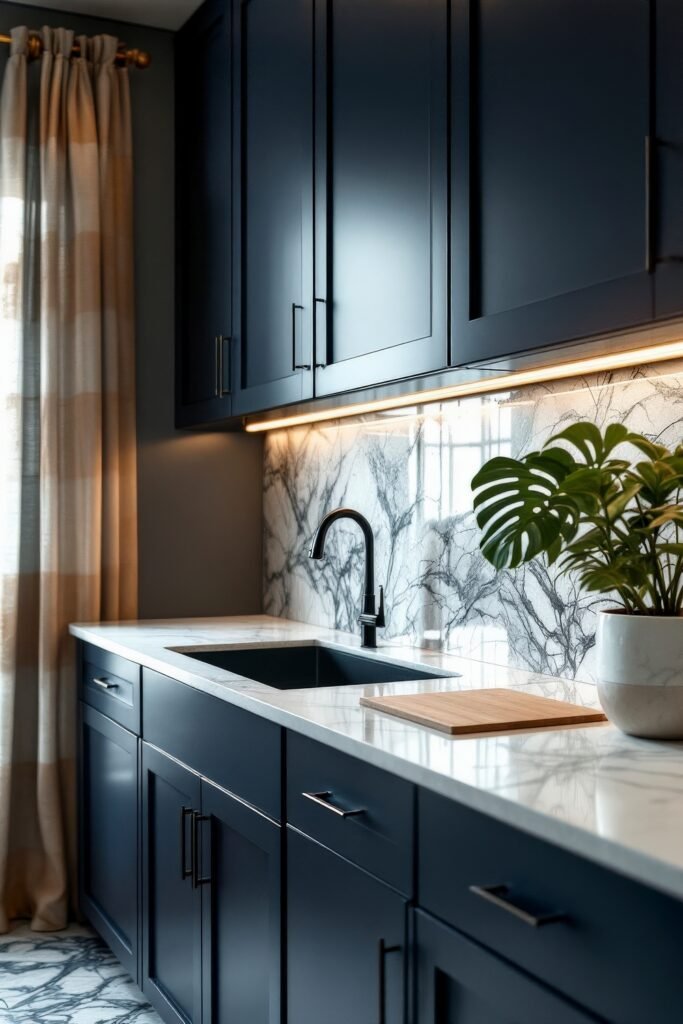 Dark Academia Kitchen Cabinets: Shades & Hardware for a Vintage Aesthetic 31 Under-cabinet lights illuminate a monochrome marble backsplash and minimalist decor in a sleek, Dark Academia-inspired kitchen.