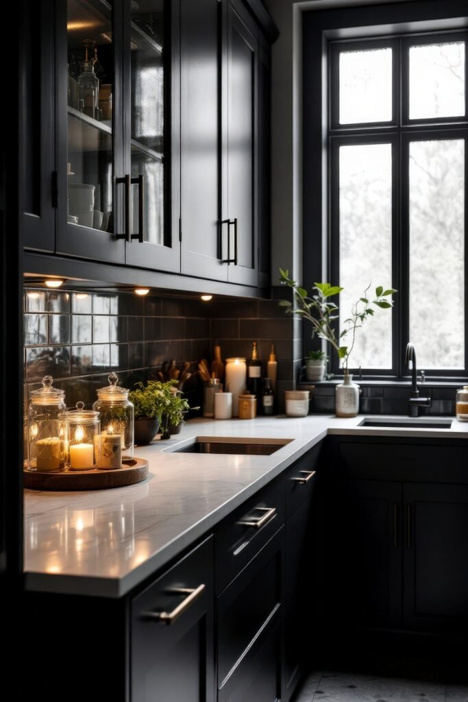 Dark Academia Kitchen Cabinets: Shades & Hardware for a Vintage Aesthetic 32 Candle jars, herbs, and matte black cabinetry create a glowing, intimate kitchen space with a contemplative, literary feel.