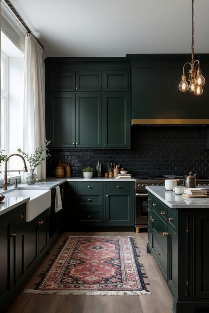 Dark Academia Kitchen Cabinets: Shades & Hardware for a Vintage Aesthetic 33 A Persian-style runner and dark green cabinets bring a vintage, academic flair to this polished, well-lit kitchen.