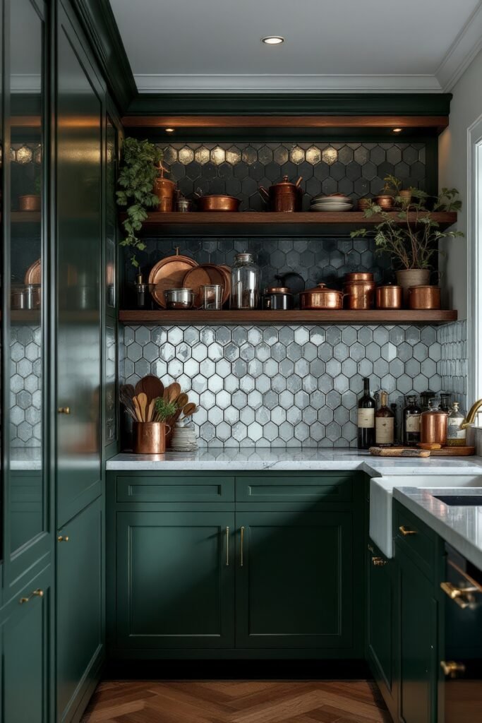 Dark Academia Kitchen Cabinets: Shades & Hardware for a Vintage Aesthetic 34 Honeycomb tile backsplash and copper cookware enrich this kitchen nook with vintage elegance and subtle academic aesthetics.