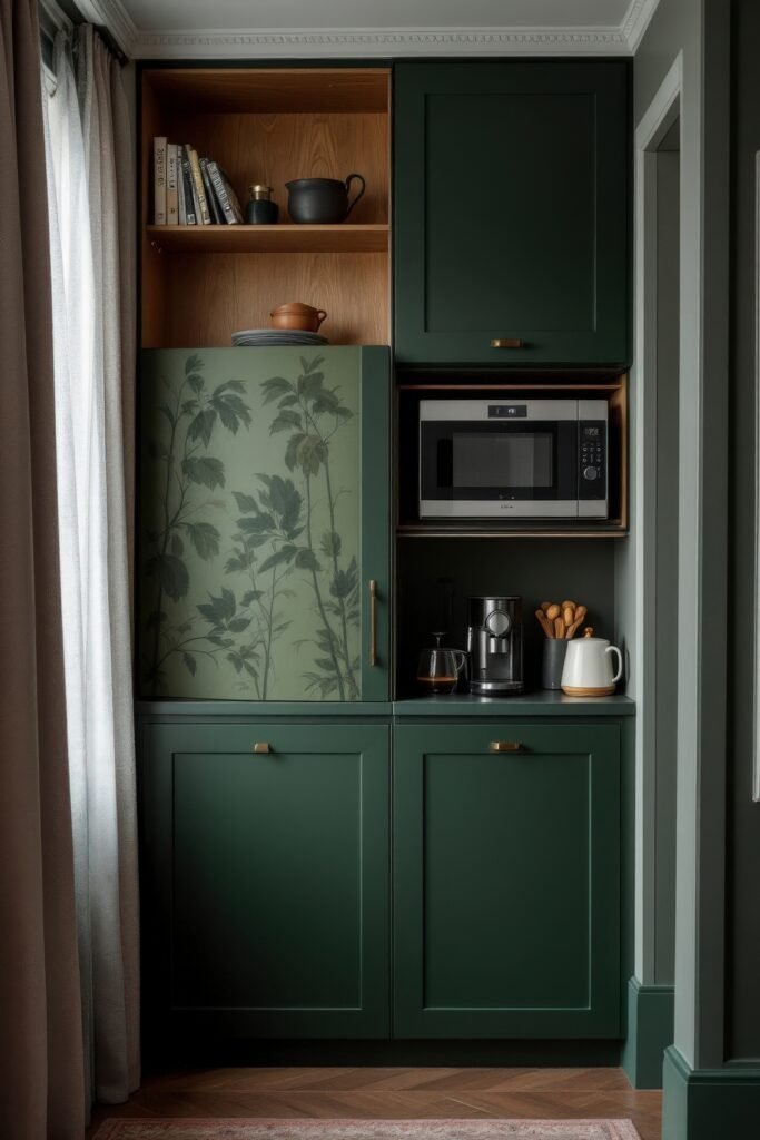 Dark Academia Kitchen Cabinets: Shades & Hardware for a Vintage Aesthetic 35 A nook with forest-green cabinetry and a painted fridge panel featuring botanical art, surrounded by kitchen essentials in subdued tones.