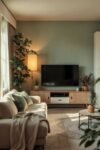 Modern beige and green living room with TV, soft lighting, and leafy plants around a neutral-toned sofa.