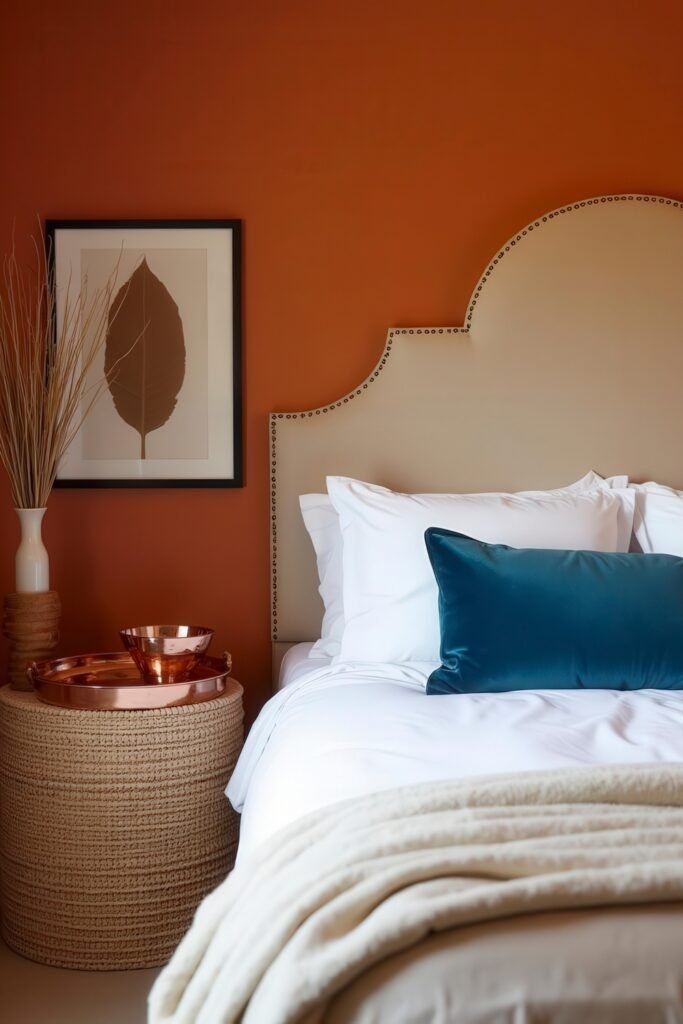 Cozy Burnt Orange Boho Bedroom Design Guide 4 Burnt orange boho bedroom with sculpted cream headboard and teal accent pillow on white bedding