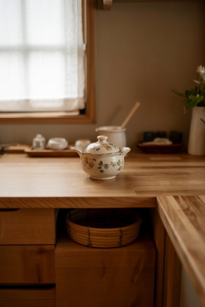 Japanese Breakfast Nook Ideas: Tea Ceremony Style for Tiny Kitchens 5 Hand-painted teapot on a wooden counter in a serene Japanese Kitchen with soft window light.