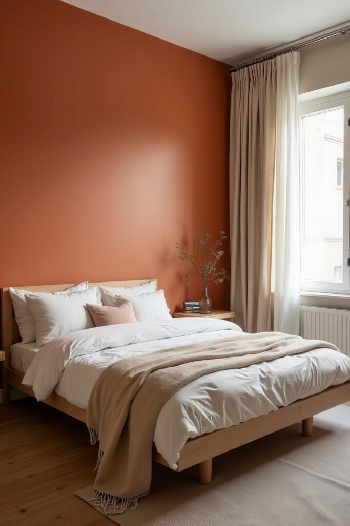 Burnt Orange Bedroom Color Combinations: The Best Shades to Pair for a Stylish Retreat 4 Neutral-toned bedroom with burnt orange accent wall and beige decor, ideal for soft bedroom color combinations.