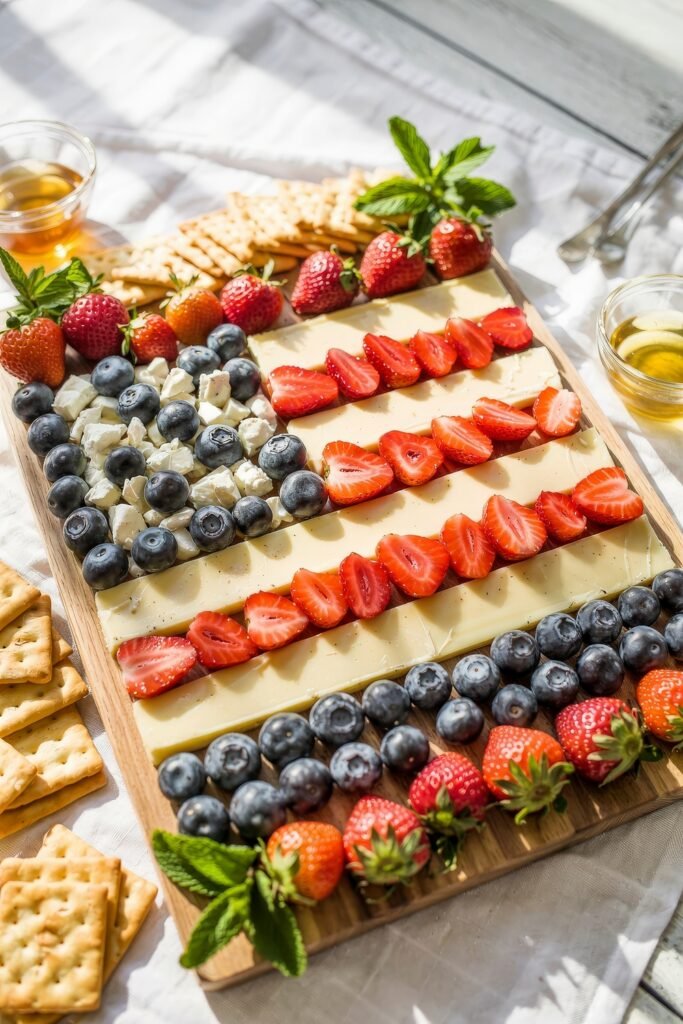 Patriotic 4th of July Table Décor & Centerpieces 6 Festive charcuterie board arranged in an American flag pattern using strawberries, blueberries, and cheese slices, perfect for patriotic celebrations.