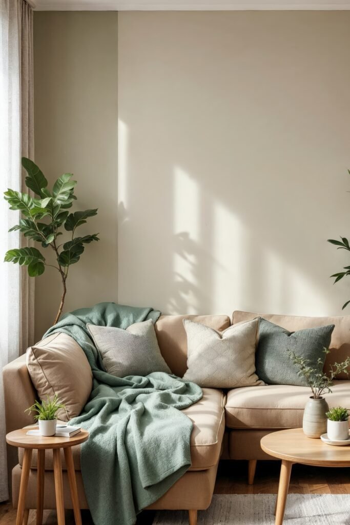 Beige and Green Living Room: Color Pairing Tips & Inspiration 5 A beige and green living room corner with a sectional sofa, leafy plants, and textured pillows.