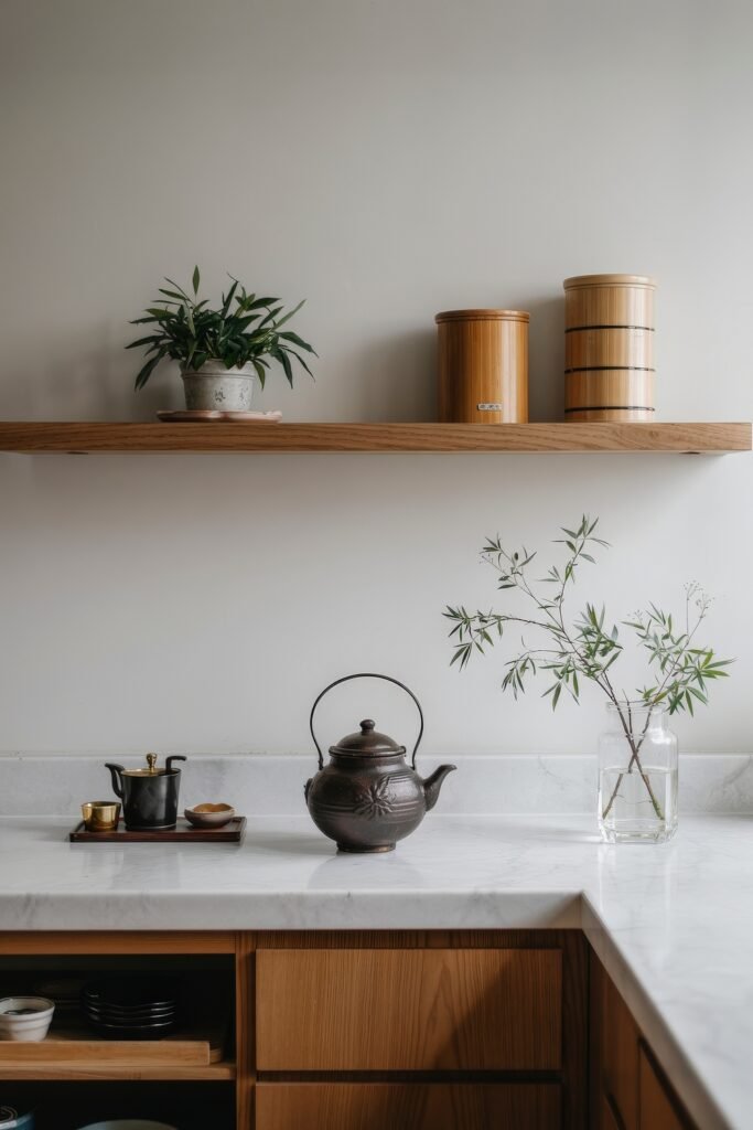 Japanese Breakfast Nook Ideas: Tea Ceremony Style for Tiny Kitchens 6 Japanese Kitchen countertop with iron teapot, bamboo canisters, and a leafy plant in a glass vase.