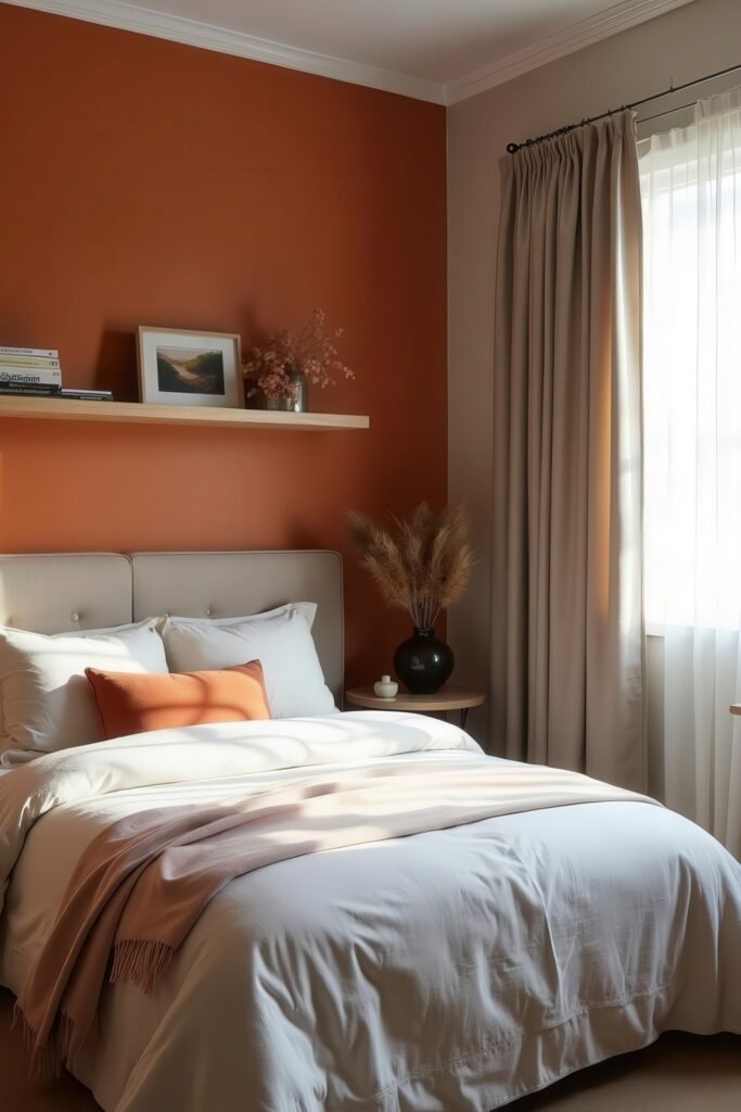 Burnt Orange Bedroom Color Combinations: The Best Shades to Pair for a Stylish Retreat 5 Burnt orange bedroom color combinations with white bedding, soft pink accents, and sunlight filtering through curtains.
