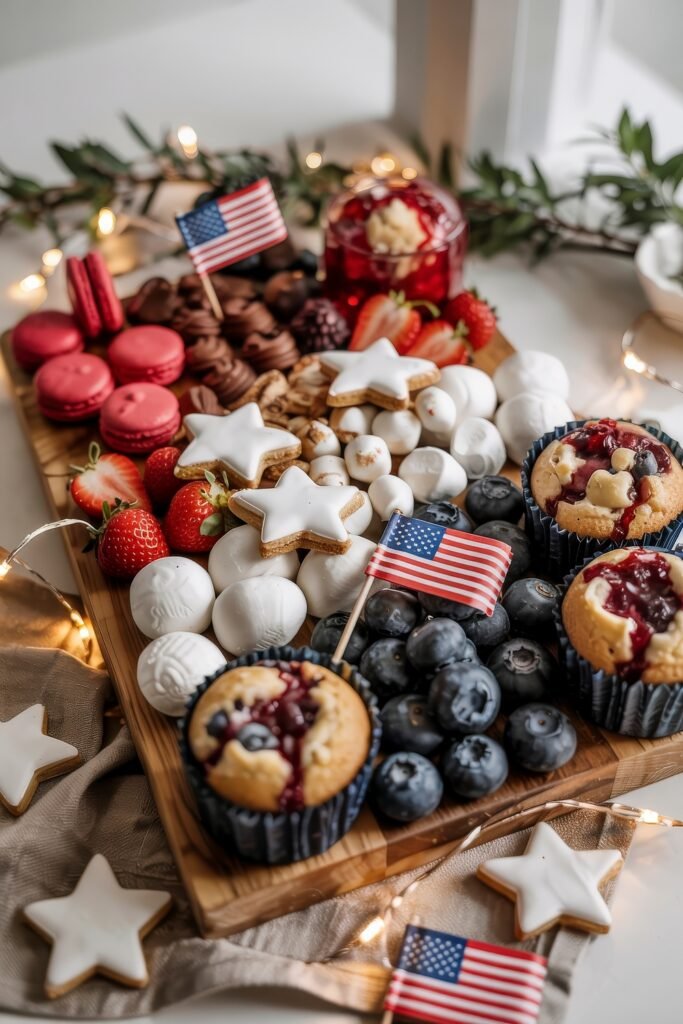 Patriotic 4th of July Table Décor & Centerpieces 7 Dessert board featuring 4th of July treats like star cookies, chocolate-covered snacks, berries, and patriotic cupcakes with small American flags.