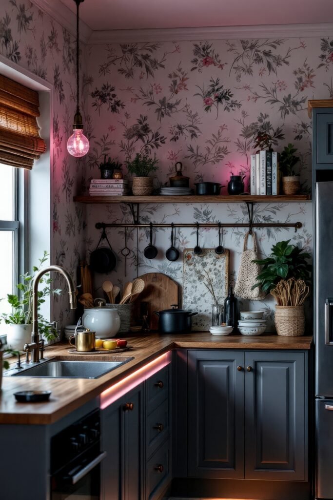 DIY Dark Academia Kitchen Decor: Affordable Tips & Tricks to Transform Your Space 4 Eclectic kitchen with floral wallpaper, open shelving, and vintage cookware creating a soft twist on DIY Dark Academia style.