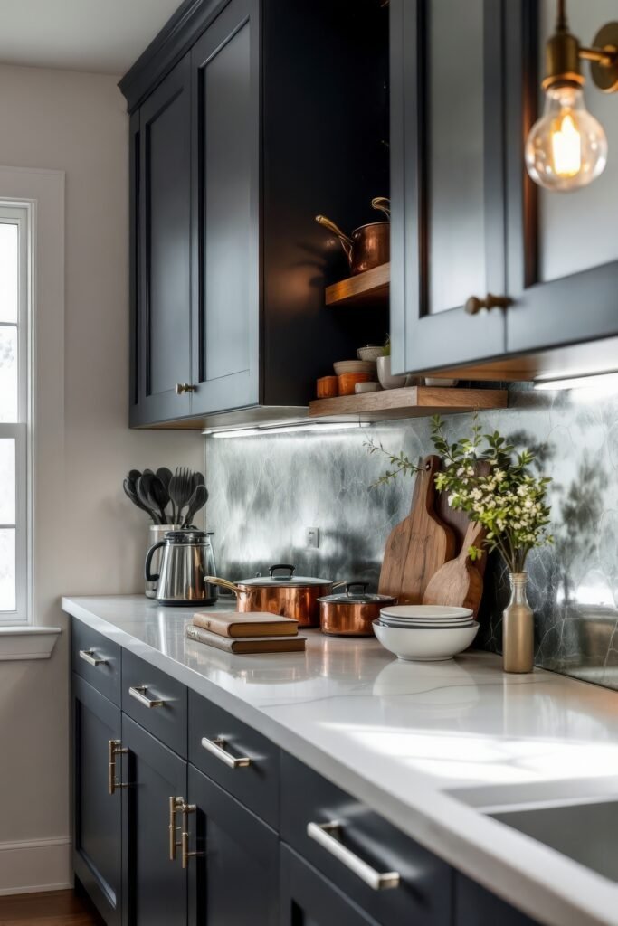 Dark Academia Kitchen Cabinets: Shades & Hardware for a Vintage Aesthetic 6 Sleek black cabinets with brass handles, copper cookware, and wood details create a moody, refined kitchen ambiance.