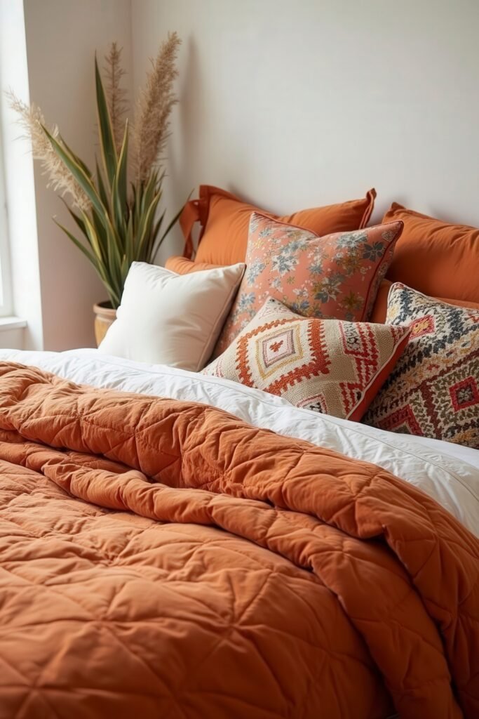 Cozy Burnt Orange Boho Bedroom Design Guide 6 Layered textiles and patterned pillows in a burnt orange boho bedroom with neutral walls