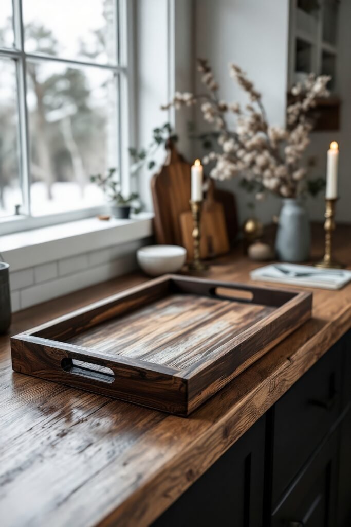 DIY Dark Academia Kitchen Decor: Affordable Tips & Tricks to Transform Your Space 5 Rustic tray on a wooden counter beside candlelight and dried florals, capturing the essence of DIY Dark Academia Kitchen Decor.