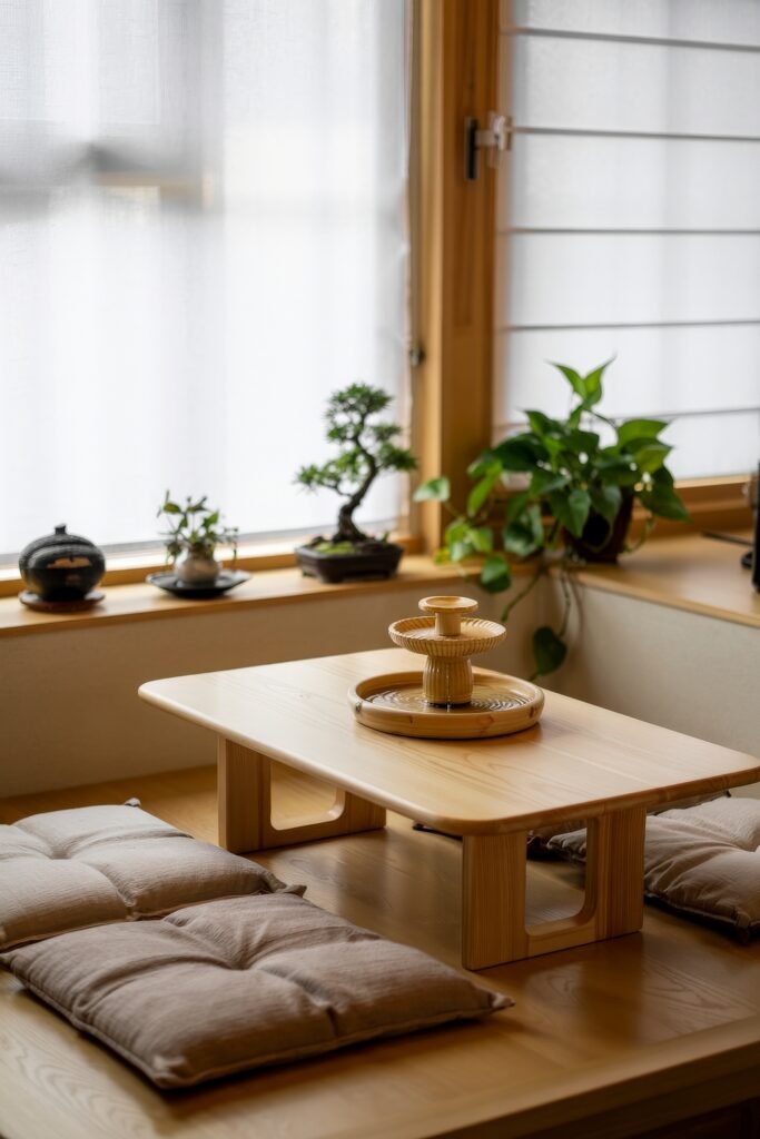 Japanese Breakfast Nook Ideas: Tea Ceremony Style for Tiny Kitchens 7 Peaceful Japanese Breakfast Nook with bonsai trees, greenery, and a light wood table centerpiece.