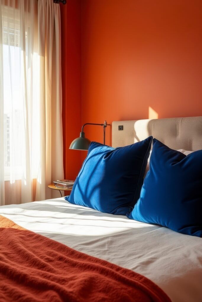 Burnt Orange Bedroom Color Combinations: The Best Shades to Pair for a Stylish Retreat 6 Bright bedroom with burnt orange wall, cream bedding, and bold blue pillows for a vibrant color contrast.