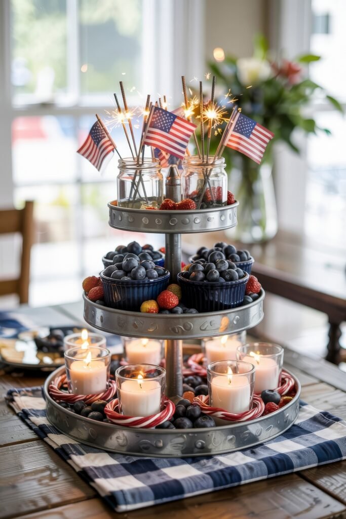 Patriotic 4th of July Table Décor & Centerpieces 8 Tiered tray centerpiece with fresh berries, votive candles, candy canes, and sparklers in mason jars adorned with small American flags for 4th of July décor.