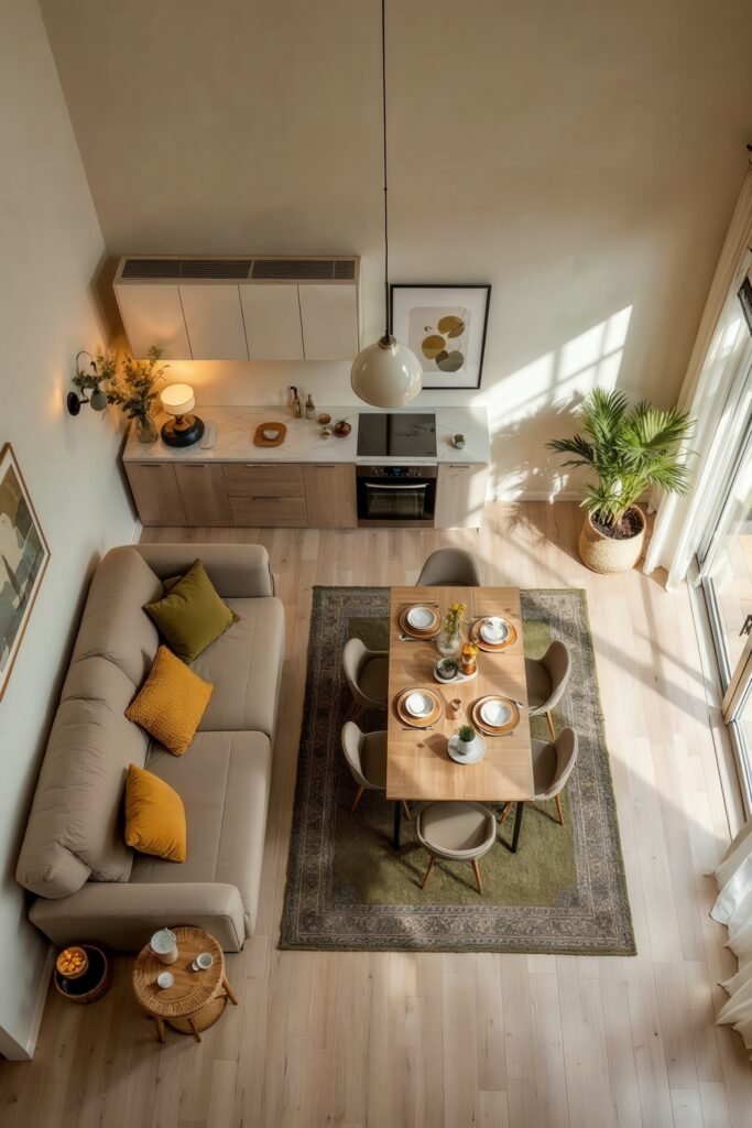 Beige and Green Living Room: Color Pairing Tips & Inspiration 7 Overhead view of a beige and green living room with dining area, plants, and a compact kitchen.