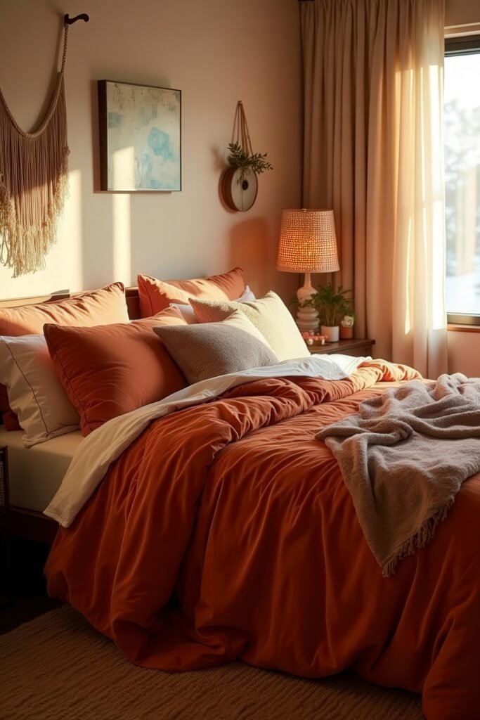 Cozy Burnt Orange Boho Bedroom Design Guide 7 Warm and inviting burnt orange boho bedroom with glowing sunset light and cozy throw blanket